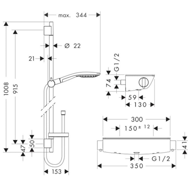 Duschhandtag och duschhuvud - HANSGROHE - Ecostat Select - 3 strålar - 0,90 m - Krom vit Vit grå
