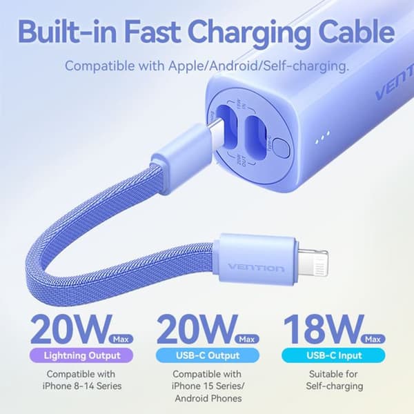 Extern batteri - VENTION - FHWR0 - 5000mAh - Typ-C - Lightning - Rosa Ros
