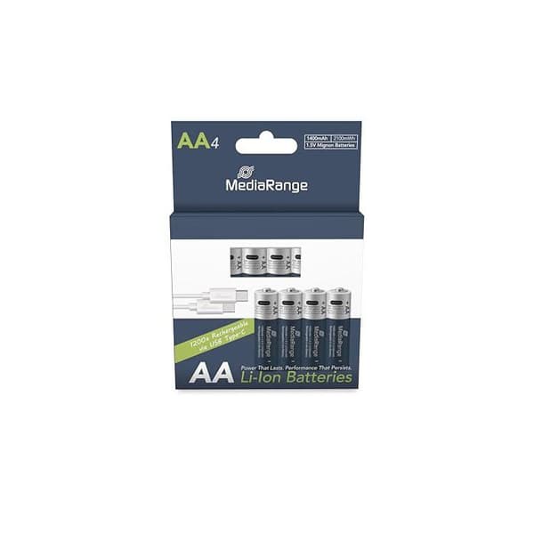 USB-C Laddningsbara Batterier - MediaRange - AA - 1,5V - 1400mAh - 4-pack blå