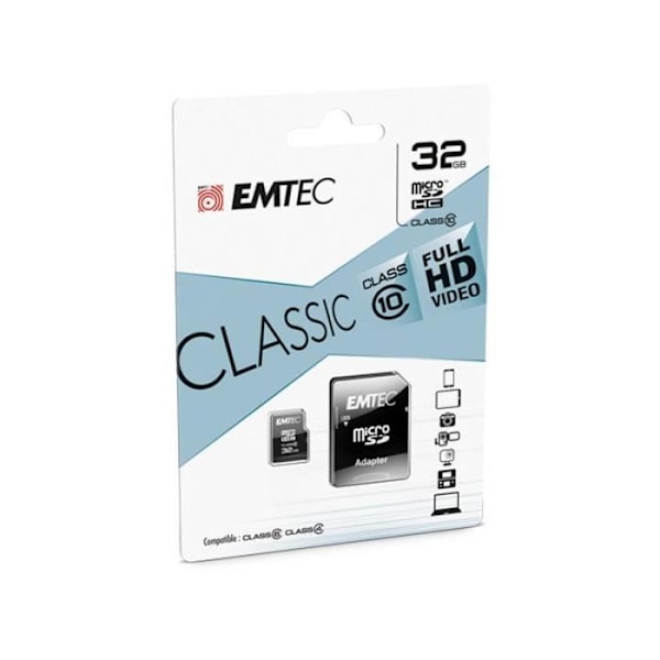 MicroSDHC 32GB EMTEC + CL10 CLASSIC-adapter - I blisterförpackning U