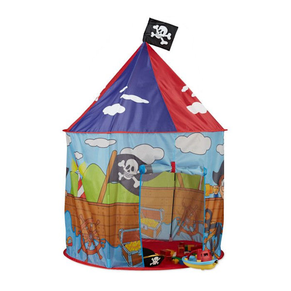 Relaxdays Barntält Pojke Tjej Lektält Piratflagga Utomhus Pop-up 3 år H x D 130 x 100 cm, Röd Blå röd, blå, ljusblå