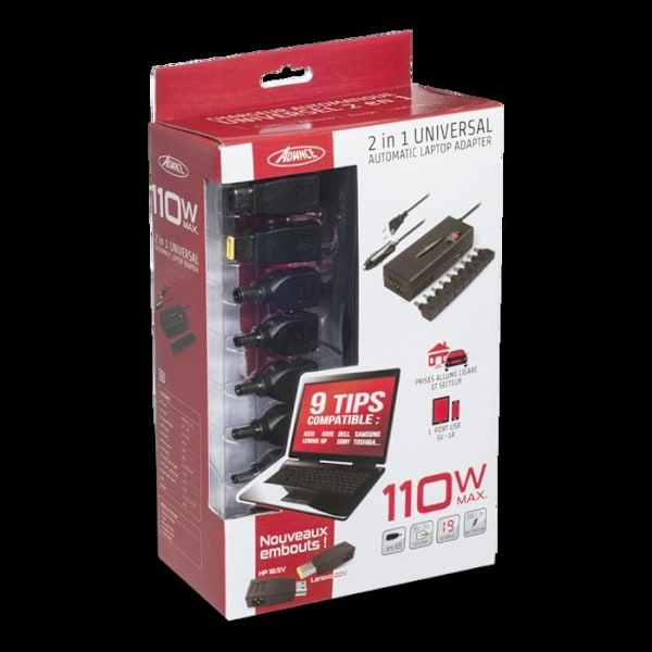 Universell automatisk lader - 110W - 2 i 1 - Strømuttak - Tenner cigarett - Svart svart