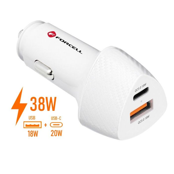 Laddare Bil 38W Forcell, Dubbel USB-port + USB-C, Snabb laddning PD 3.0 & QC 3.0, kompakt, Universell Vit