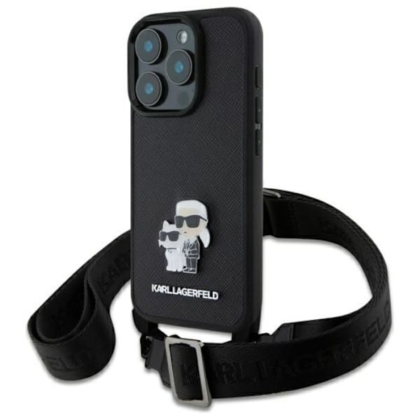 iPhone 16 Pro Max-fodral med metallrem Karl Lagerfeld Saffiano Karl & Choupette (svart)