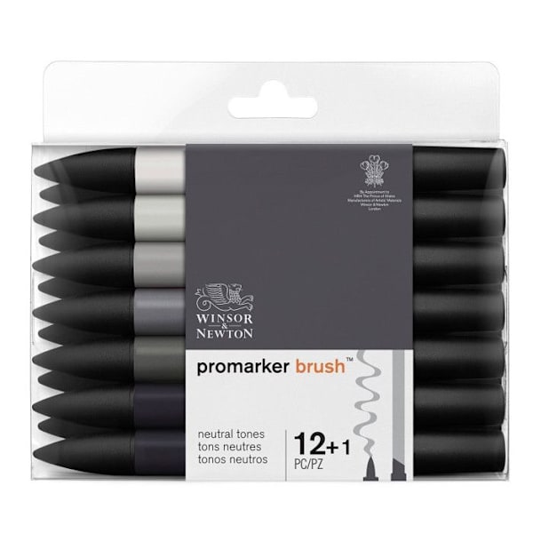 Paket med 12 + 1 Promarker Brush-tuscher - neutrala nyanser - Winsor och Newton Sortiment av 12 färgpennor i svart,