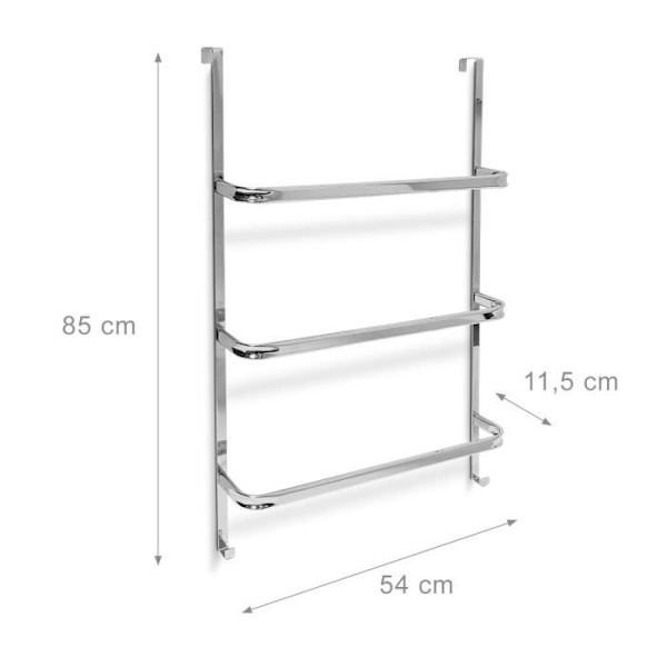 Relaxdays 3-bars handduksställ HxBxD: 85 x 54 x 11,5 cm Rostfritt stål optisk dörrfäste 2 krokar Kök eller badrum,
