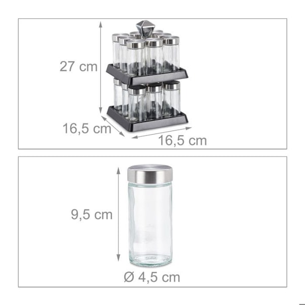 Relaxdays Spice Spinner, 16 glasburkar med siktspets, roterande karusell, HLP 27x16,5x16,5 cm, svart/silver silver, transparent, black