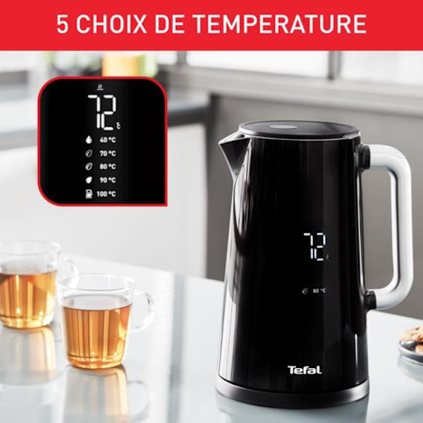 TEFAL Smart'n Light, Vattenkokare, Digital skärm, 1,7 L, 5 temperaturer, Anti-skållningsvägg, Rostfri inredning, 360° bas KO850810 Svart