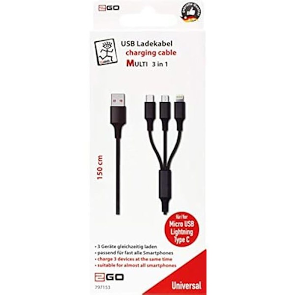 USB-laddkabel 3 i 1 - 2GO - 150 cm - Svart - Micro USB, Apple 8-stift, USB Typ C