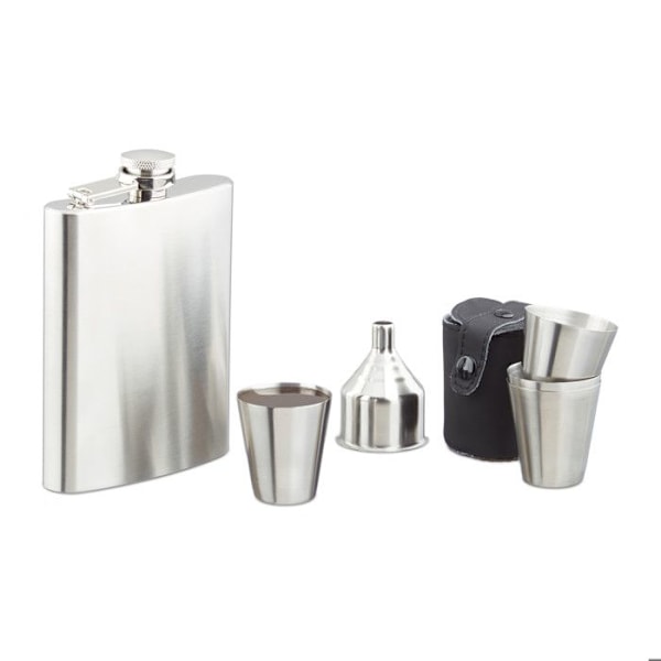 Relaxdays 7-delade kolvset i rostfritt stål med kolv 200 ml tratt och mätkopp Festival Camping, Silver silver, svart