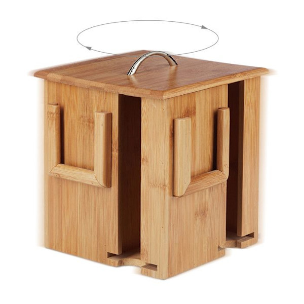 Relaxdays Te-box i bambu med 4 fack roterande display för 160 tepåsar HxlxB 20,5 x 18 x 18 cm, naturlig ljusbrun, silverfärgad