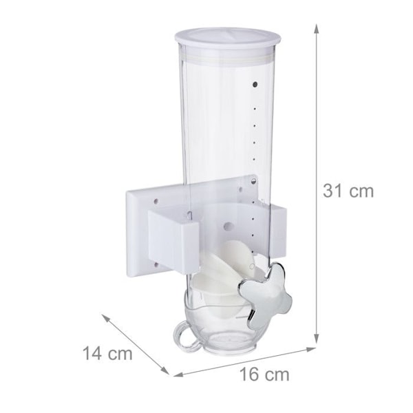 Relaxdays Cereal Dispenser, väggmontering, 1,7 L, godis, torra livsmedel, HLP 31x16x14 cm, vit vit, transparent, silver