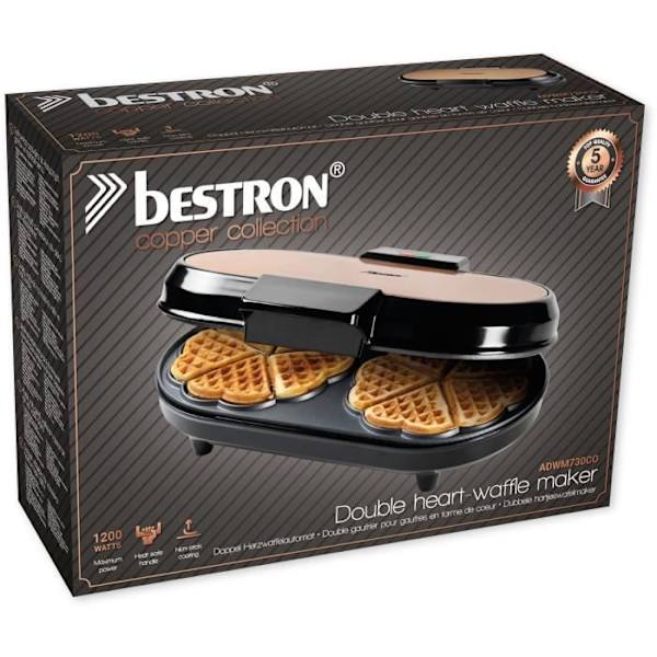 Bestron dubbel våffelbryggare för klassiska hjärtformade våfflor, våffelbryggare med matlagningsindikator & non-stick beläggning, koppar Svart och koppar