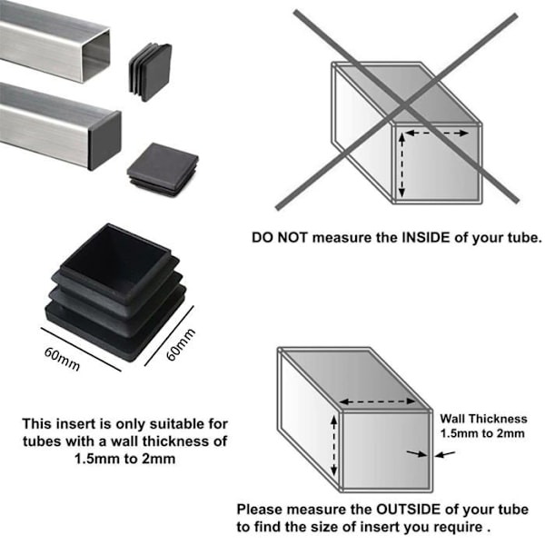 Pad - spets - filt Hjyzy - 05 - Set med 6 plastremsor för 60 x 60 mm fyrkantsrör Svart