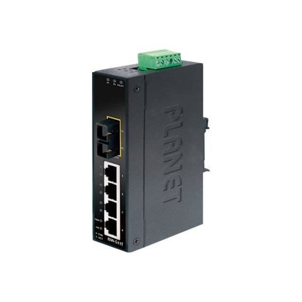 PLANET ISW-511T Switch - 4 x 10-100 + 1 x 100Base-FX - DIN-skena montering, väggmonterad DC-spänning Svart