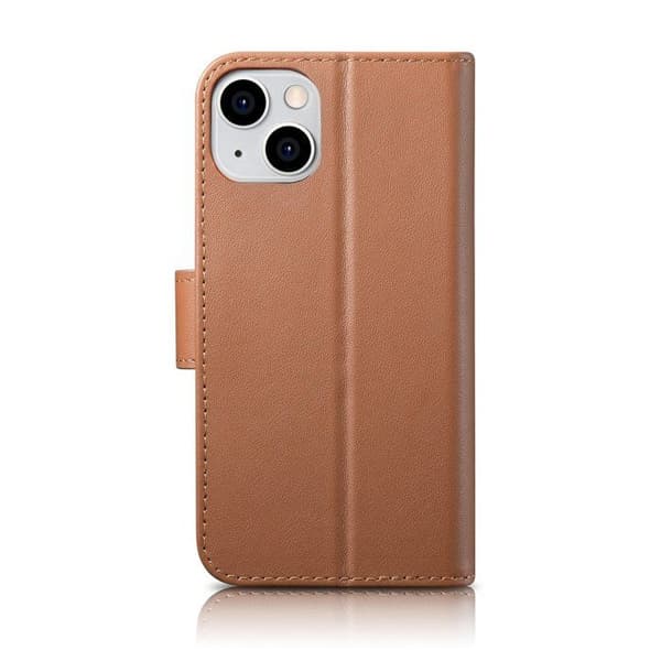 Brunt läder 2-i-1 plånboksfodral för iPhone 14 Plus, med RFID-skydd.