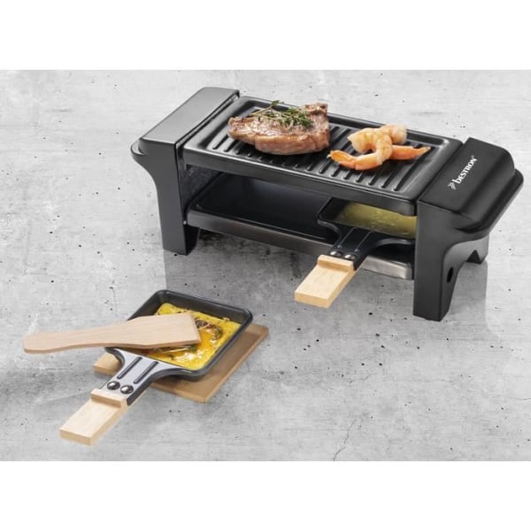 Bestron Raclette grill, minigrill för 1 till 2 personer, med 2 stekpannor och 2 spatlar, 350 watt, färg: svart/trä