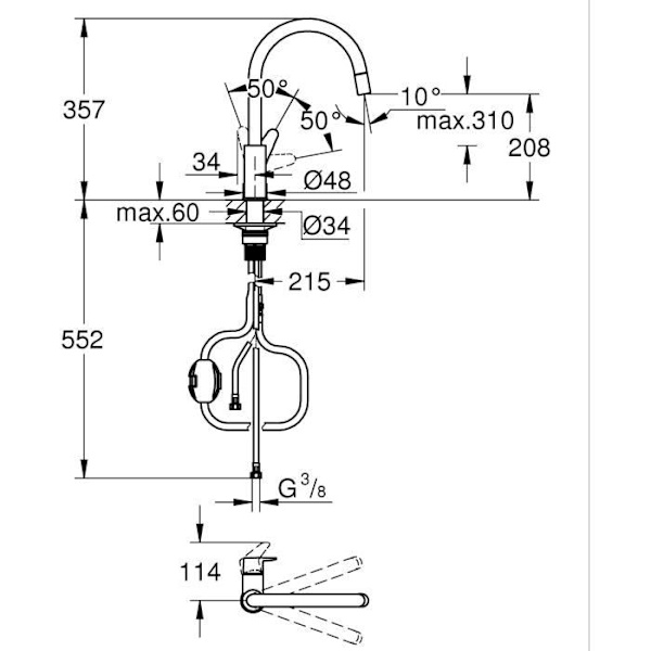 Köksblandare - Krom - Hög C-formad pip - Utdragbar luftare - 360 rotation - Flödesbegränsare - GROHE Startkurva - Krom