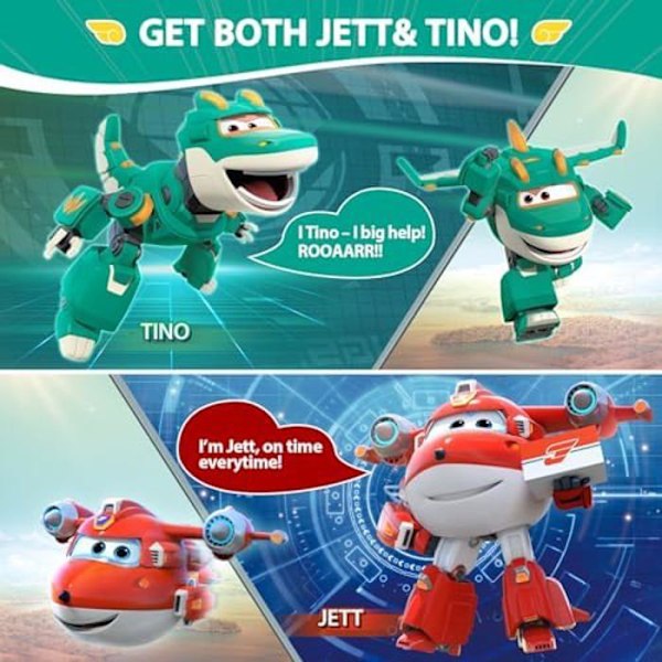 "Super Wings 5" Förvandlande Karaktärer 2-Pack Förvandlande Superladdad Jett + Tino, Transformersleksak för 3+ År Gammal Pojke Flicka" Röd