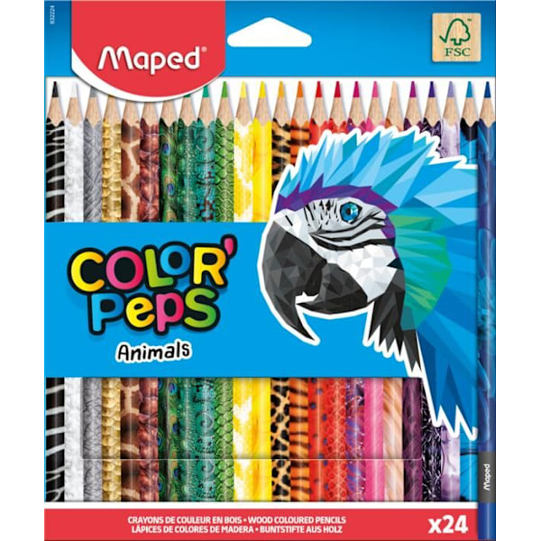 Färgpennor - Maped - Color'Peps Djur - 24 pennor - Certifierat FSC-trä - Triangulär Ljusa och intensiva färger