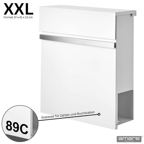 Amare Postlåda - 8710-1005-208 - XXL Designerbrevlåda i vitt rostfritt stål 5-37 x 41 x 13 cm