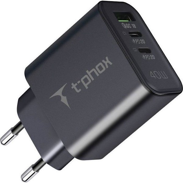 Laddare - väggadapter T-phox LADDNINGSNÄT FLEXI 40W 2xUSB-C/USB SVART