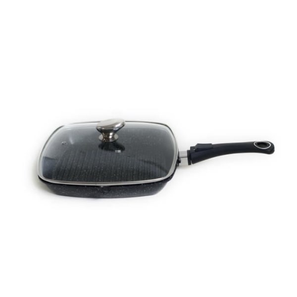 Grillpanna 28 x 28 cm "Stone style" + glaslock - PRADEL EXCELLENCE - PREMIUM - Kompatibel med alla värmekällor. Avtagbart handtag. Svart