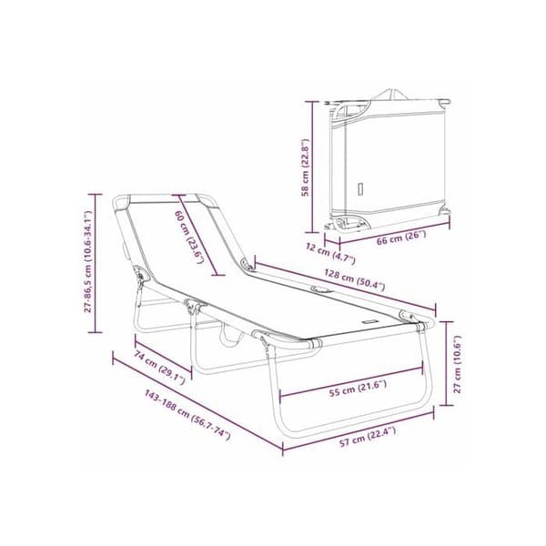 Fällbar solstol - vidaXL - Svart - 188x57x86,5 cm - Polyester - Stålram - Justerbart ryggstöd - Fällbar
