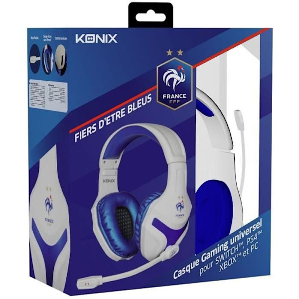 Konix PS400 FFF Gaming Headset - Vit | FFF-licens | Isolering från yttre buller | Frekvensgång 20 Hz - 20 KHz Vitt och blått