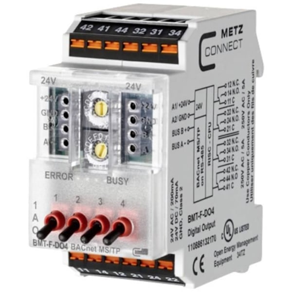 Metz Connect BMT-F-DO4 BACnet MS/TP MS/TP-modul 24 V/AC, 24 V/DC 200 mA Anm. av utgångar:4 x Innehåll 1 st(s)