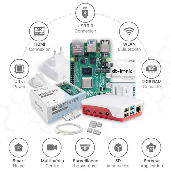 Raspberry Pi 4 2 GB startkit | 15W strömförsörjning | Officiellt chassi | 64 GB kort