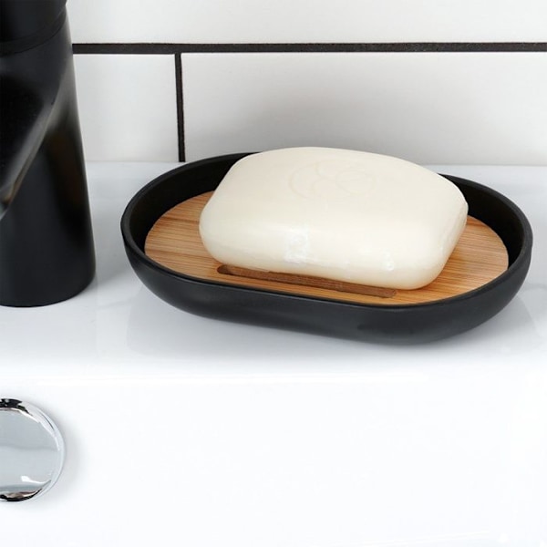 VILDE Badaccessoarer 6 delar - Matt svart plast - Bambuträ - Modernt design - Lätt att rengöra Svart