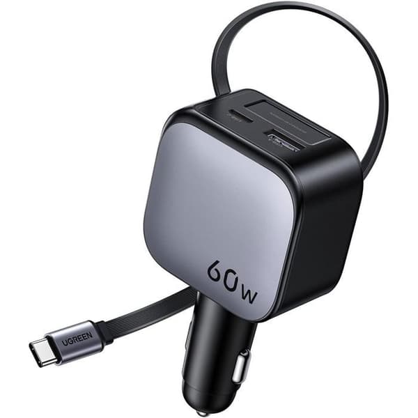 Bil laddare - UGREEN - 60W - USB-A + USB-C - Nedfällbar version - Svart Svart