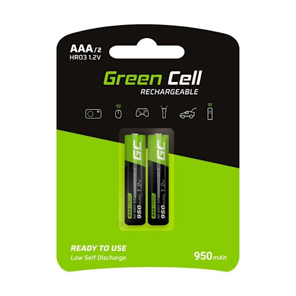 Green Cell 950mAh 1,2V Paket med 2 Ni-MH uppladdningsbara batterier Typ AAA, Förladdade, Mikrobatteri, HR03-batteri, Låg självurladdning,