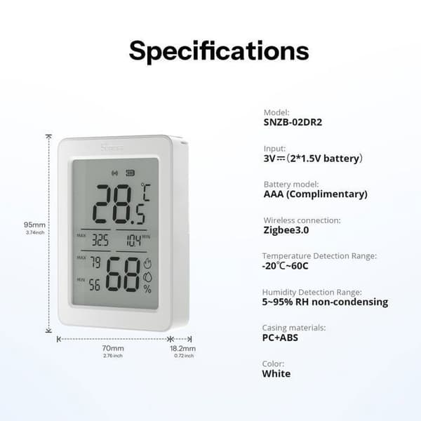 SONOFF AirGuard TH LCD-skärm 3,6'' Temperatur- och fuktighetssensor Zigbee | SNZB-02DR2