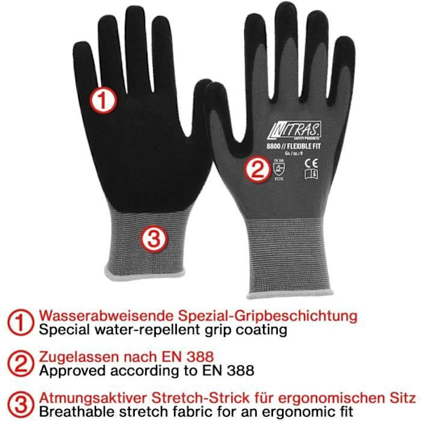 Nitras 3 par arbetshandskar 8800 EN 388 Flexibel passform - mekaniker/montering/skydd/tvätthandskar