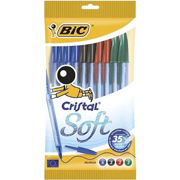 BIC® - Set med 10 Cristal® Soft kulspetspennor - Svart, blå, röd och grön