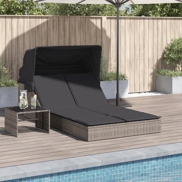 vidaXL Dubbel chaise longue med båge och gråa kuddar i flätad plastic 368639