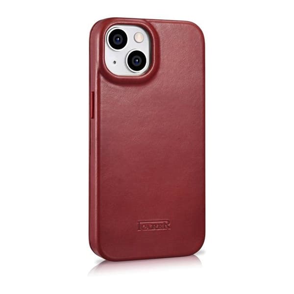 Högkvalitativt bordeaux läderfodral för iPhone 14 Plus med magnetisk lucka MagSafe och CE-certifiering.