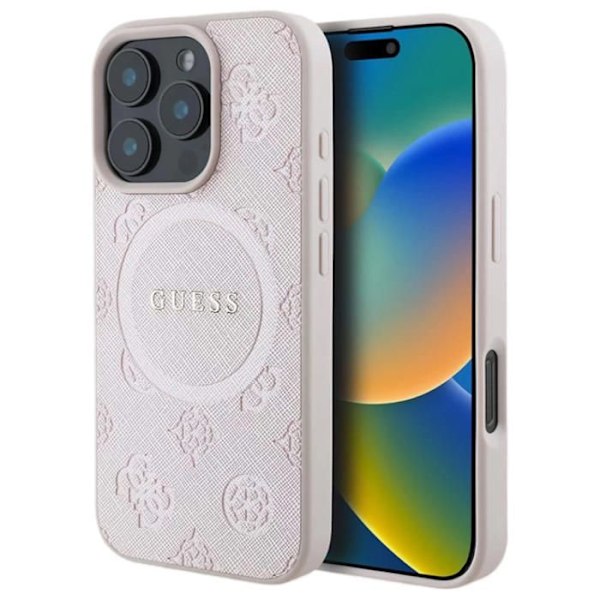 Coque för iPhone 16 Pro - Guess Saffiano Peony Classic Saffiano Classic Logo MagSafe (GUHMP16LPSAPSMEP) - Rosa