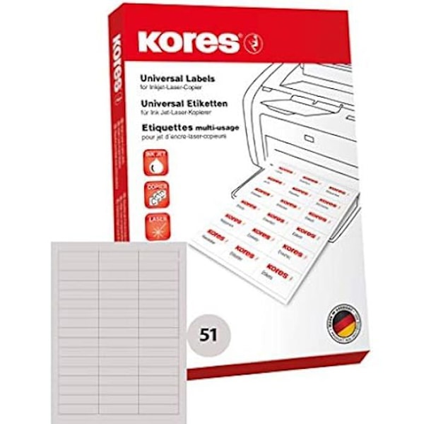 Universella etiketter - KORES - 70 x 16,9 mm - 100 ark A4 - Papper 70 g/m² - Lim utan lösningsmedel Vit