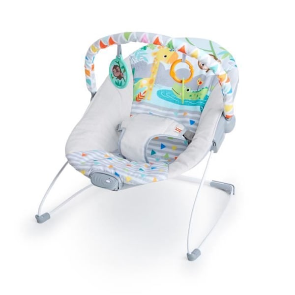 BRIGHT STARS Transat baby - Safari - Båge med avtagbara stimulerande leksaker inklusive en babyspegel, 3-punkts sele, lugnande vibrationer.