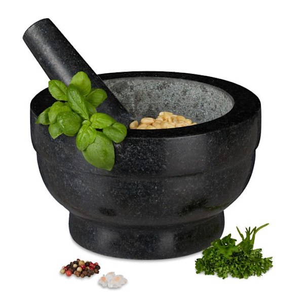 Relaxdays Mortel i granit med pistill, robust, för kryddor, örter, mortel i polerad sten, 5,6 kg, cm, 1l, svart svart grå