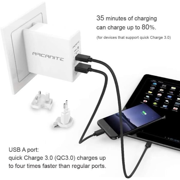 Laddare USB ARCANITE 30W USB C PD3.0QC4PPS och USB A QC3.0 18W