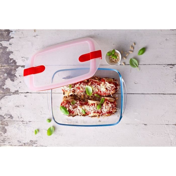 Rektangulär låda med lock - PYREX - 1451024 - 23 x 15 cm - 1,1 L - Cook & Heat - Bas i borosilikatglas klar och röd