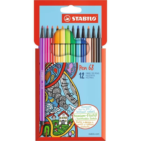 Färgpennor - STABILO - Pen 68 - 12 färger - Spets konformad 1 mm - Vattenbaserat bläck 12 färger