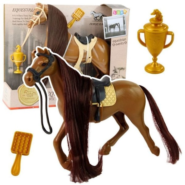 Leantoys Häst med lång man, sadelaccessoarer, klipp, borste, brun, LEAN Toys