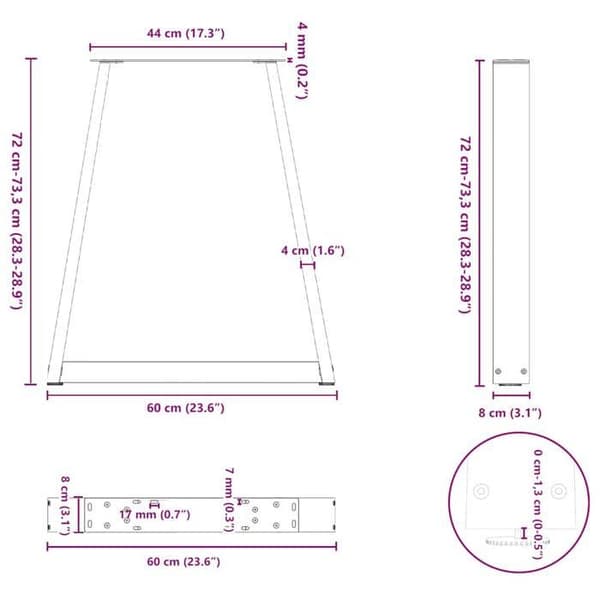 vidaXL V-formade matbordsben, 2 stycken, vit, 60 x (72-73,3) cm, stål 4012565