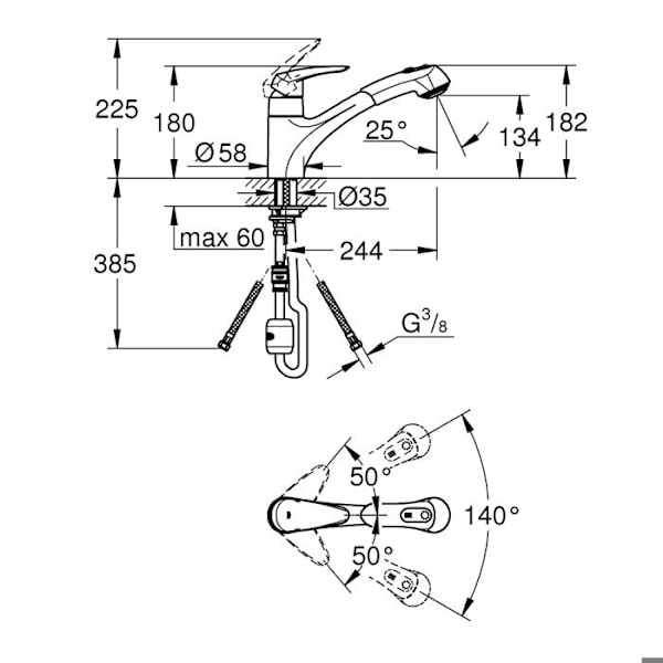 Blandare - GROHE - Eurodisc - Krom - Utdragbar spray - Enkelhål Krom