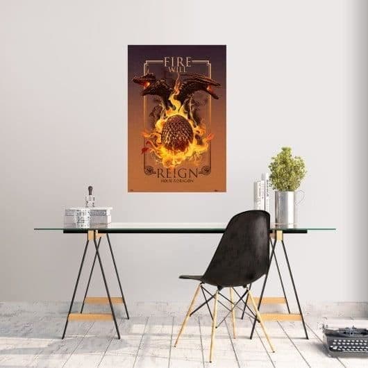Affisch - DRAGONS HUS - ELD SKA HÄRSKA - 61 x 91,5 cm - Glanspapper - Väggdekoration